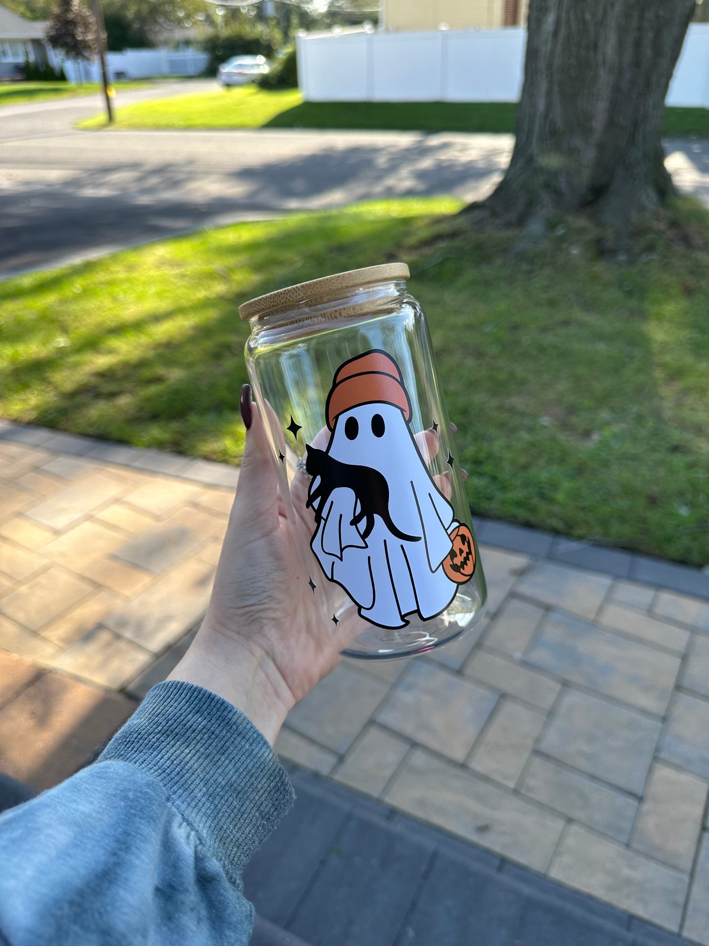 Ghost with Cat Beer Can Glass