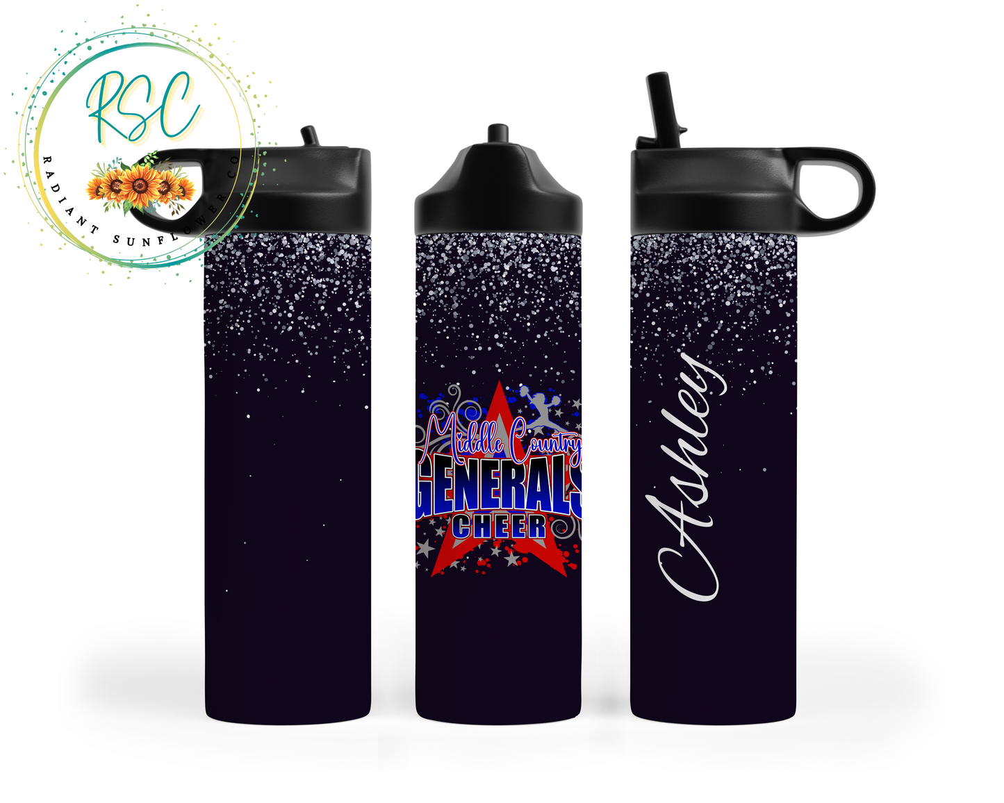 Middle Country Generals Cheer Silver Shimmer (Personalized) Sports Water Bottle